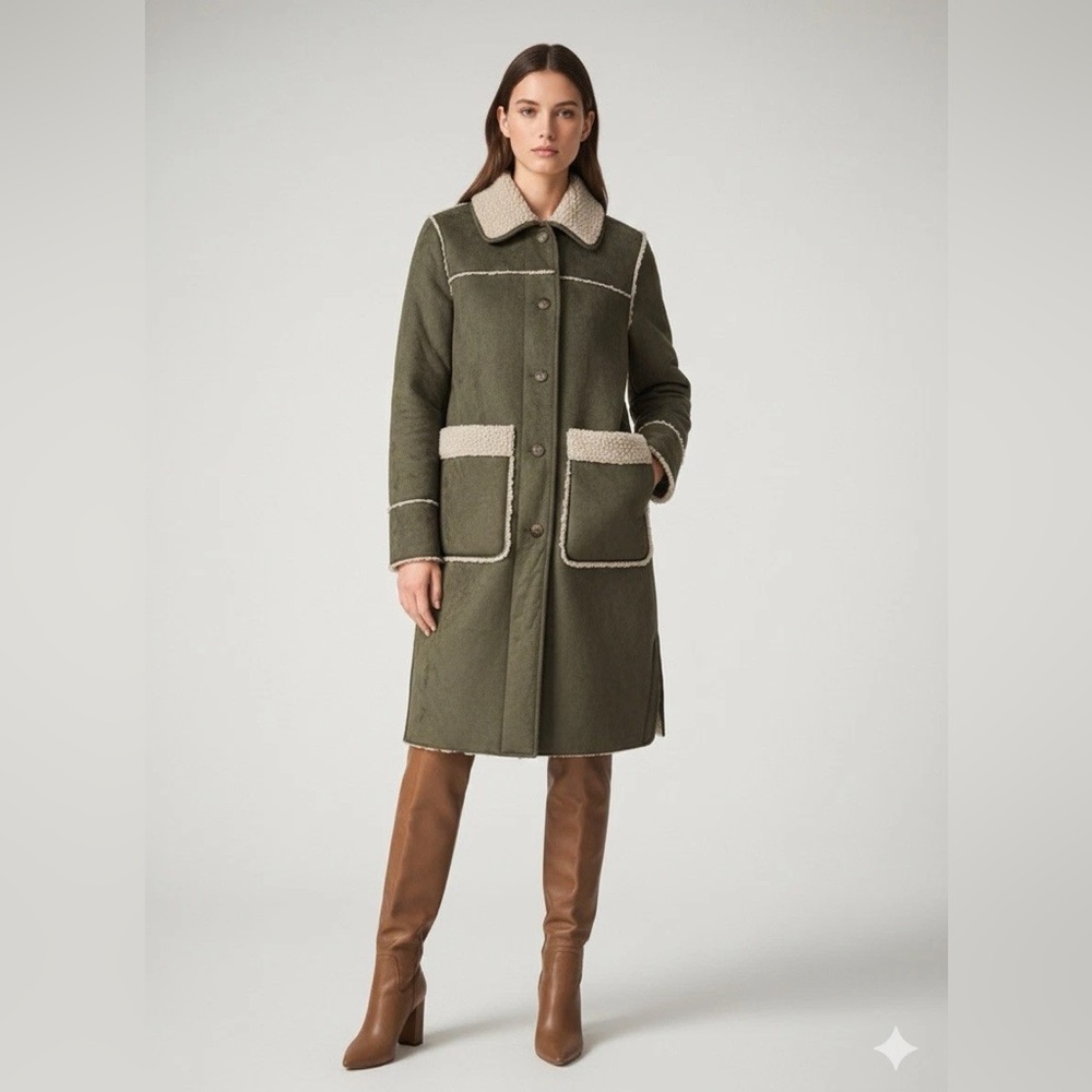 🧥💚🔥Michael Kors Coat Jacket Faux Suede Faux Fur Lining Olive Green Hazelnut S